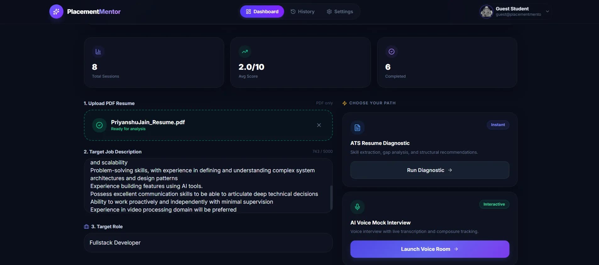 PlacementMentor AI Resume Analysis and Mock Interview Platform